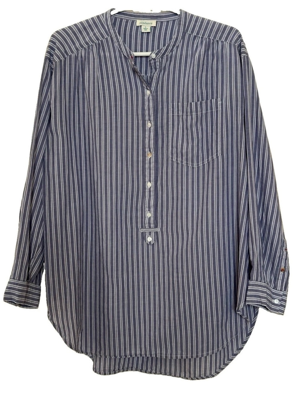 Sundance Striped Popover Tunic Blouse L Cotton Band Collar Henley Shirt Coastal